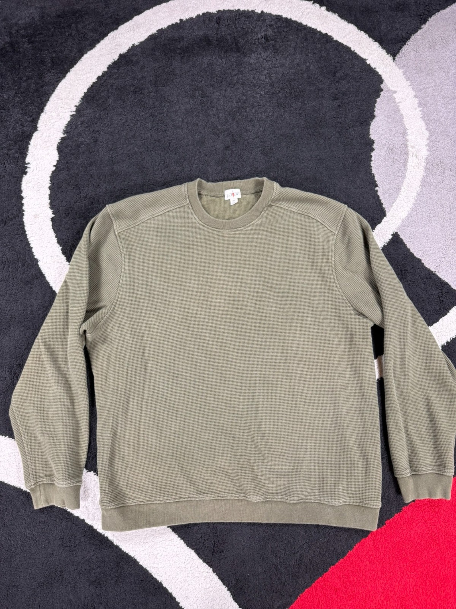 J Crew Sweater Mens Extra Large Green Oarsman Waffle Knit Crewneck Casual Cotton